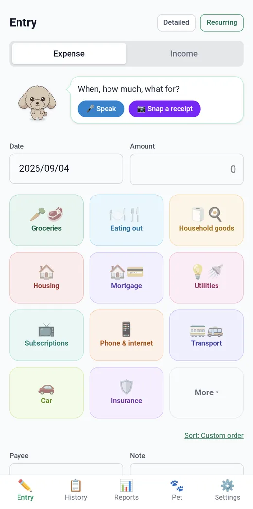 Layar input tempat hewan menyapa, dengan tombol suara dan struk