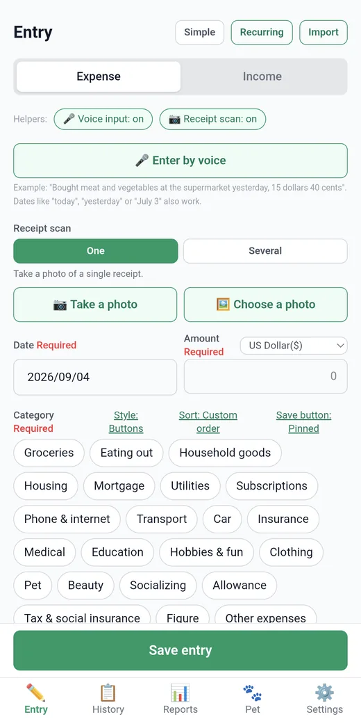 Layar input rinci: tanggal, jumlah, kategori, dan penerima