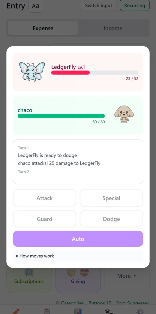 Battle mode screen where a foe appears after logging and the pet fights it