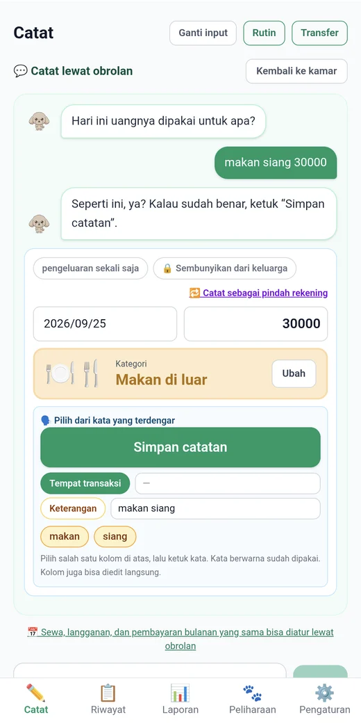 Layar obrolan: bilang ke peliharaan “makan siang 30rb”, kategori dan jumlahnya terisi