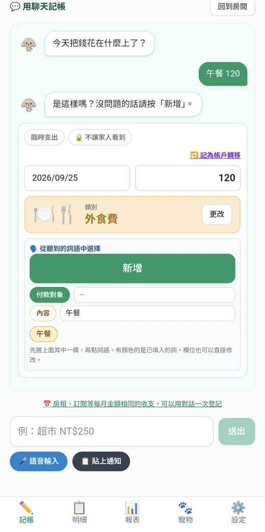 對寵物說「午餐 120」，類別和金額就會自動填入的聊天畫面