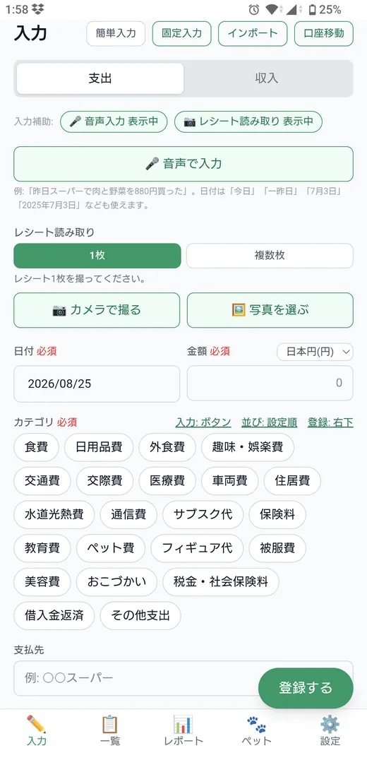 日付・金額・科目・支払先まで細かく入力できる画面