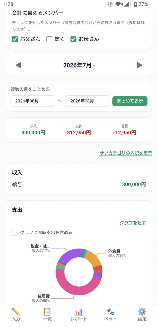 収入・支出・差引の合計と、科目ごとの円グラフ